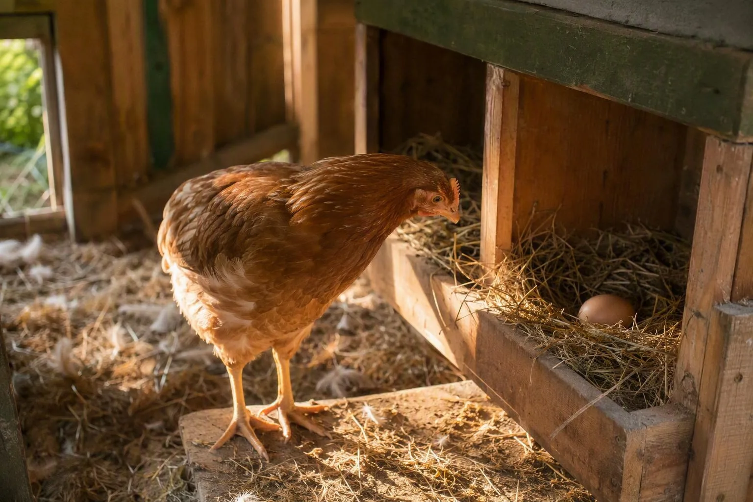 A young pullet investigates a straw-lined nesting box beside a newly laid egg.