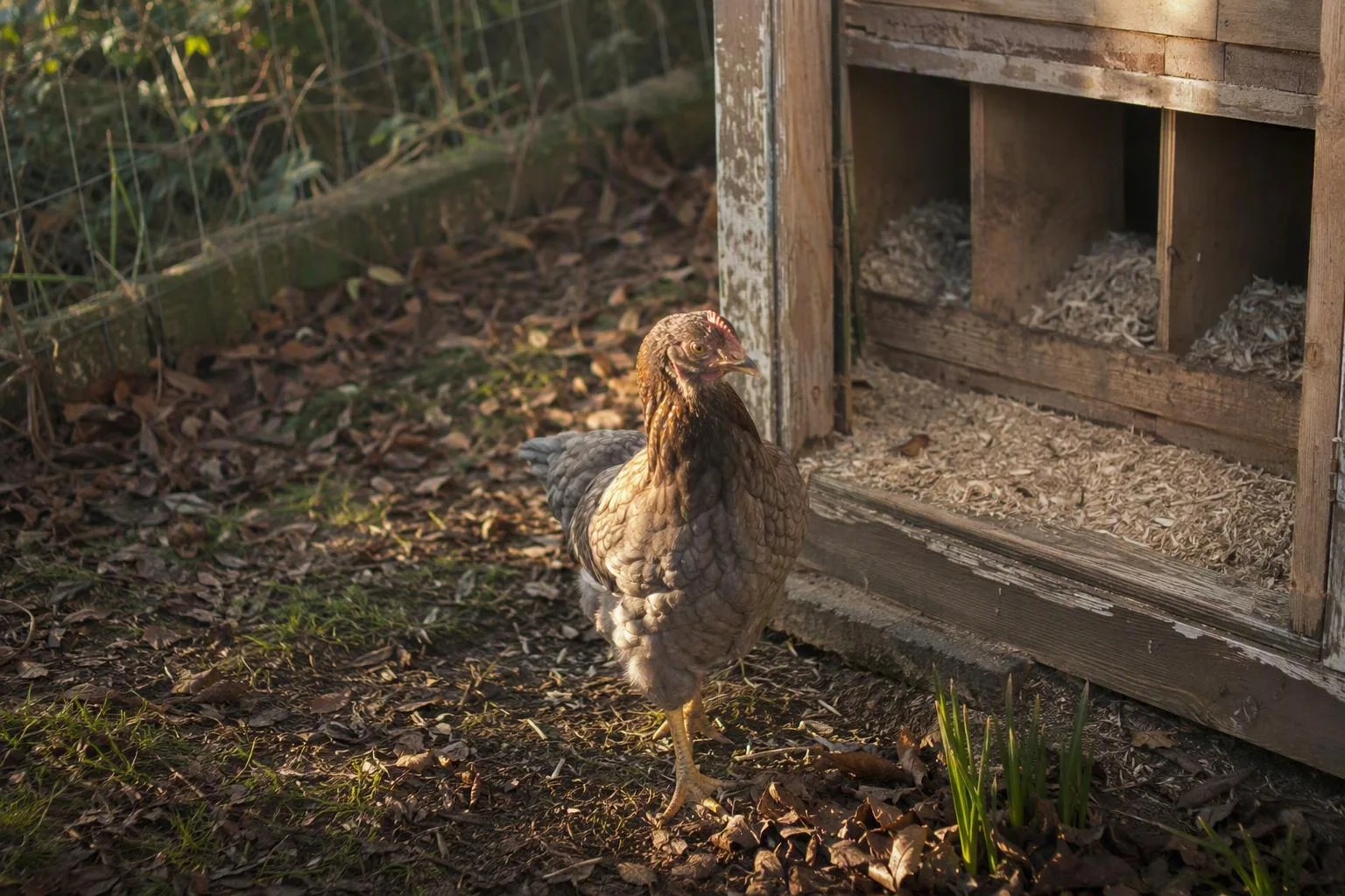 A young pullet stands among fallen leaves beside the coop as the season shapes her path to laying.
