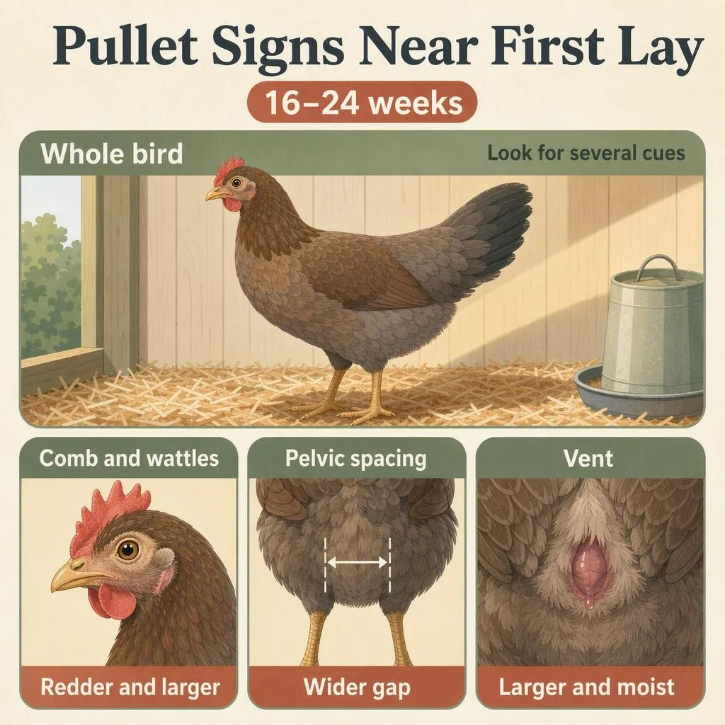 A guide shows four body signs that a pullet may be nearing her first egg at 16–24 weeks.