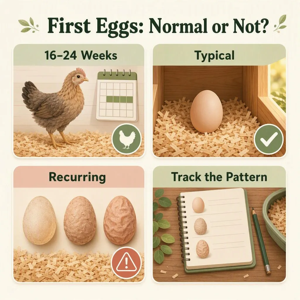 A four-part guide shows the usual laying age and contrasts a small first egg with recurring shell problems.