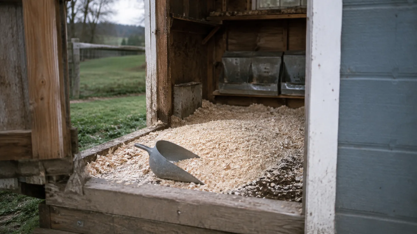 Fresh pine shavings cover a worn coop floor, showing the loose depth and texture used to start a small backyard flock.