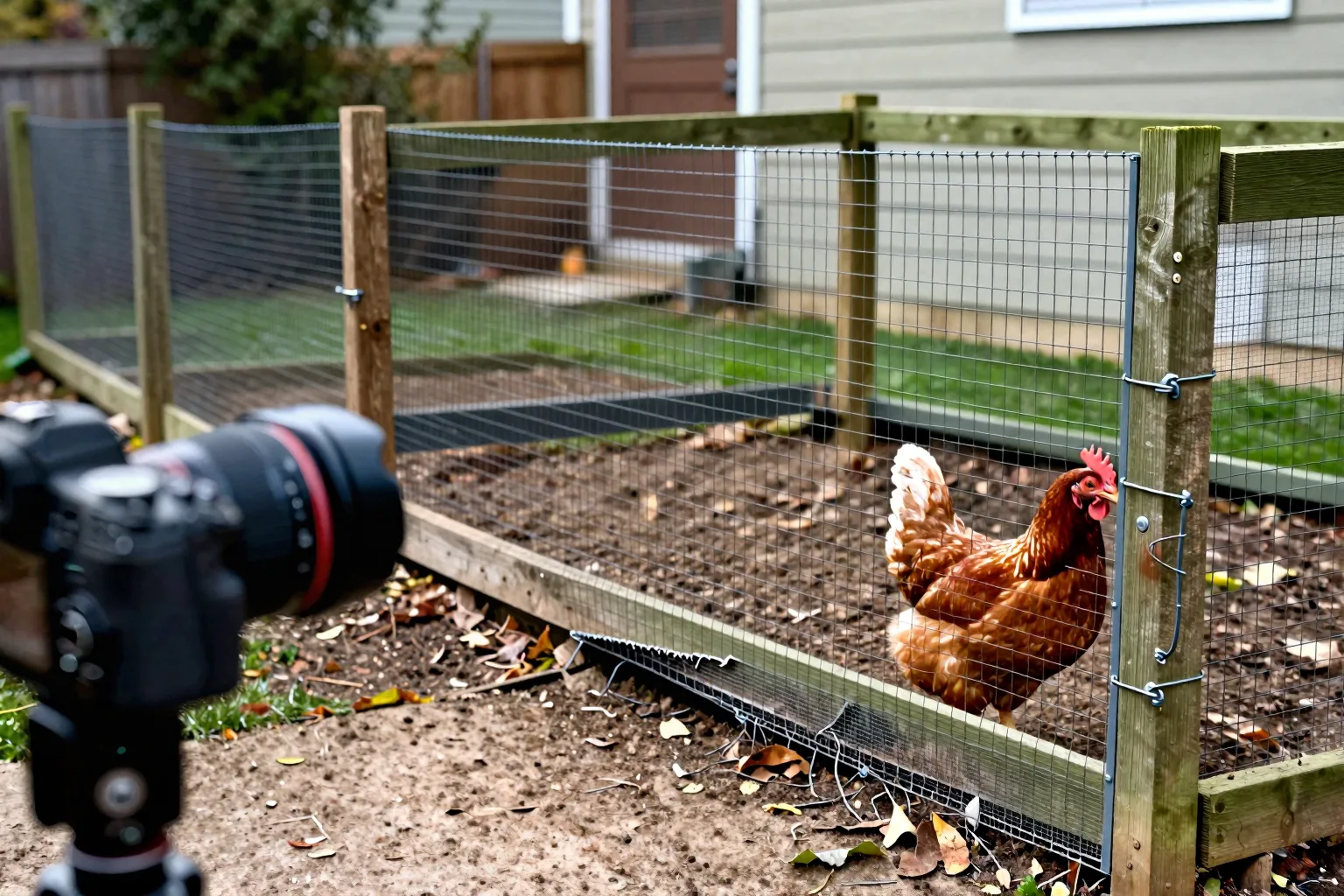 A chicken run has intact mesh along most of its length but a small gap at ground level.
