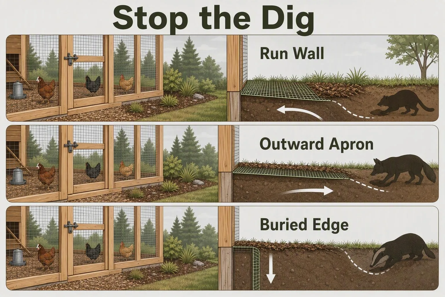An illustrated chicken-run wall uses an outward apron and a buried edge to stop digging animals.