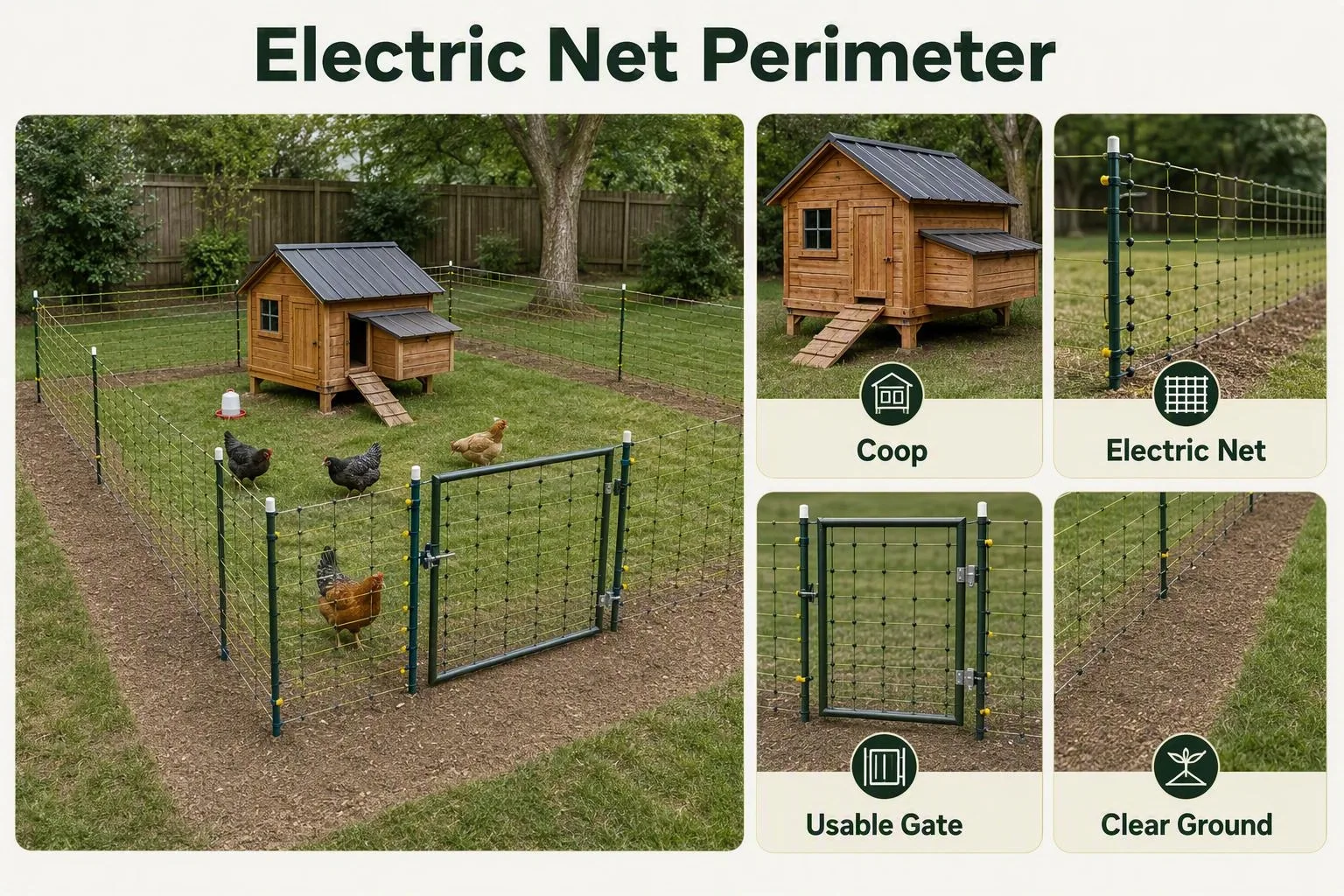 A chicken coop sits inside an electric net fence with a gate and cleared ground to discourage predators.