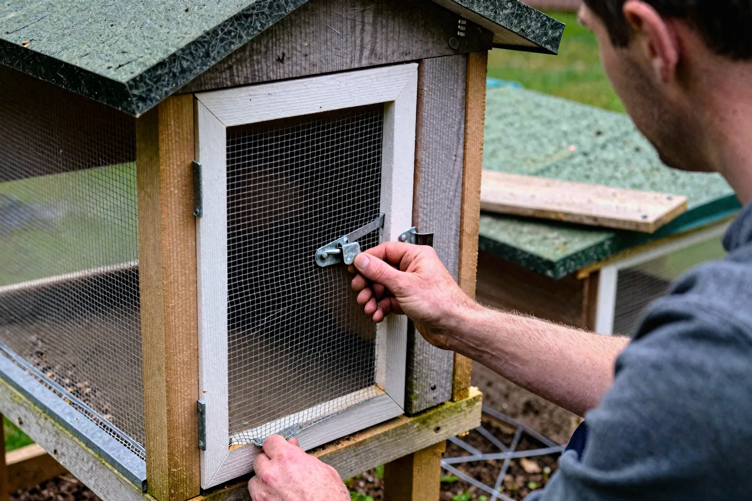 A hand checks a coop latch while mesh, roof edges, the ground barrier, and the doorway gap remain visible.