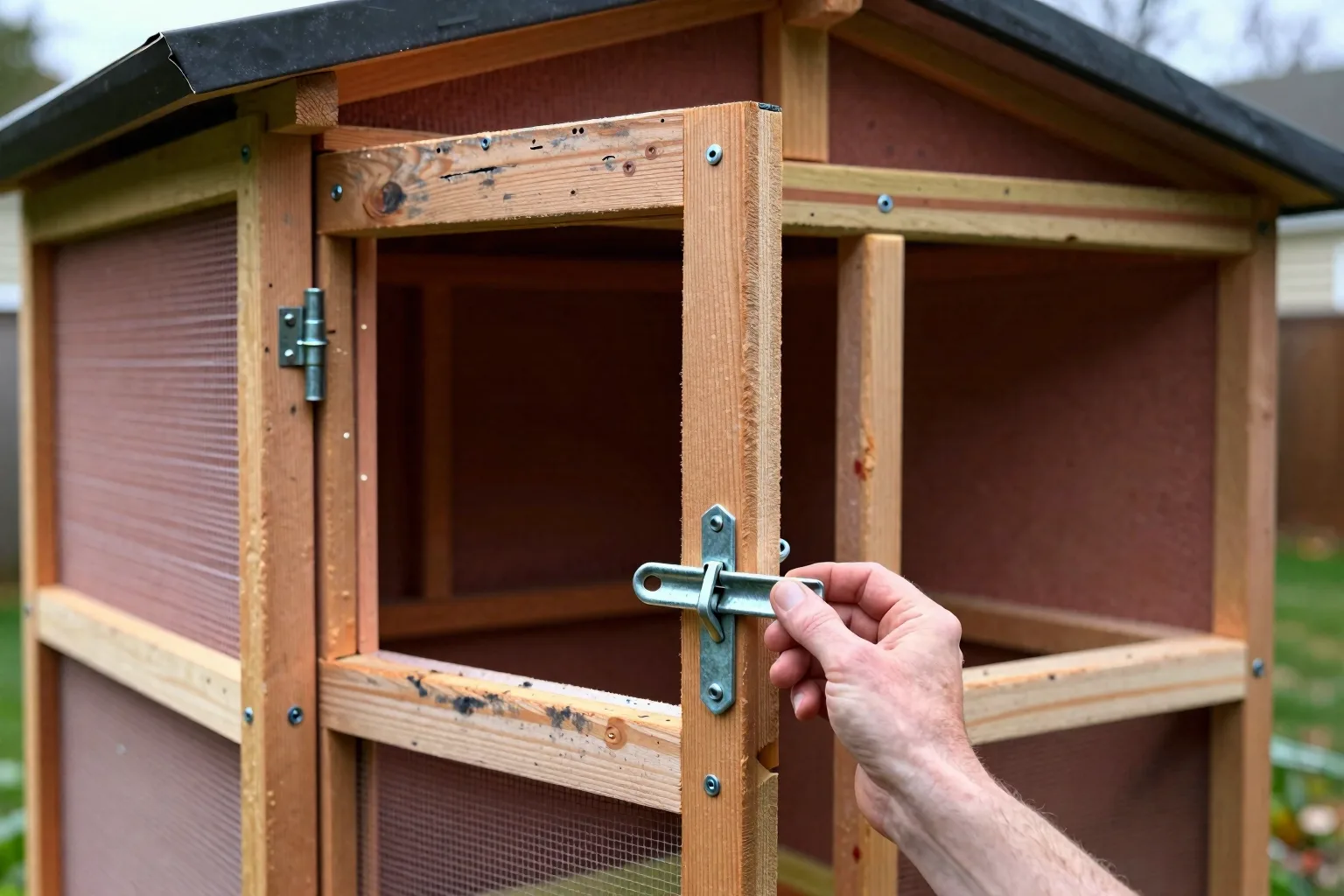A homemade coop door stands open, showing a roomy frame and a simple latch built for everyday repairs.