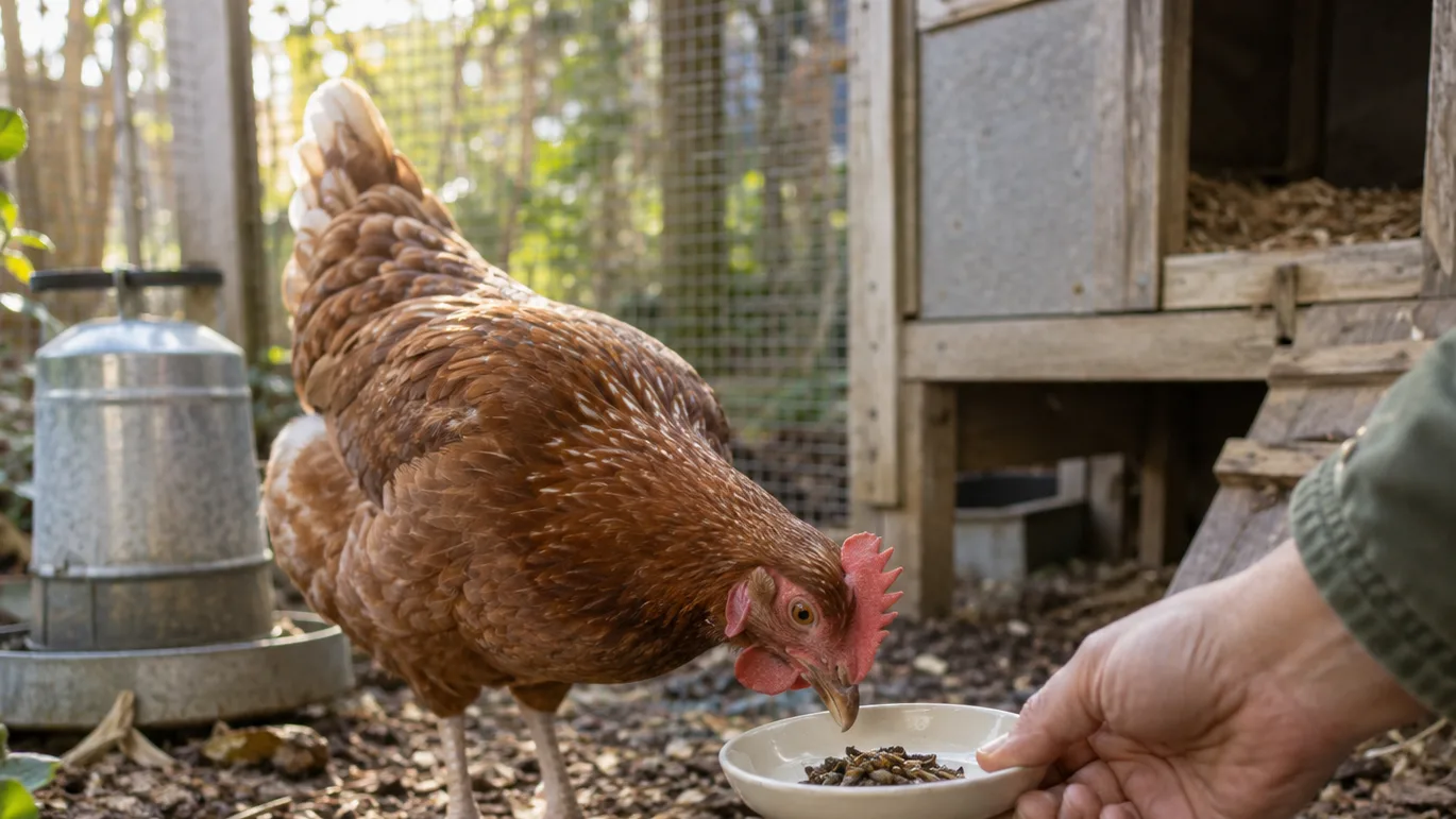 A backyard keeper offers one measured scoop of insect larvae to a brown hen beside the coop.