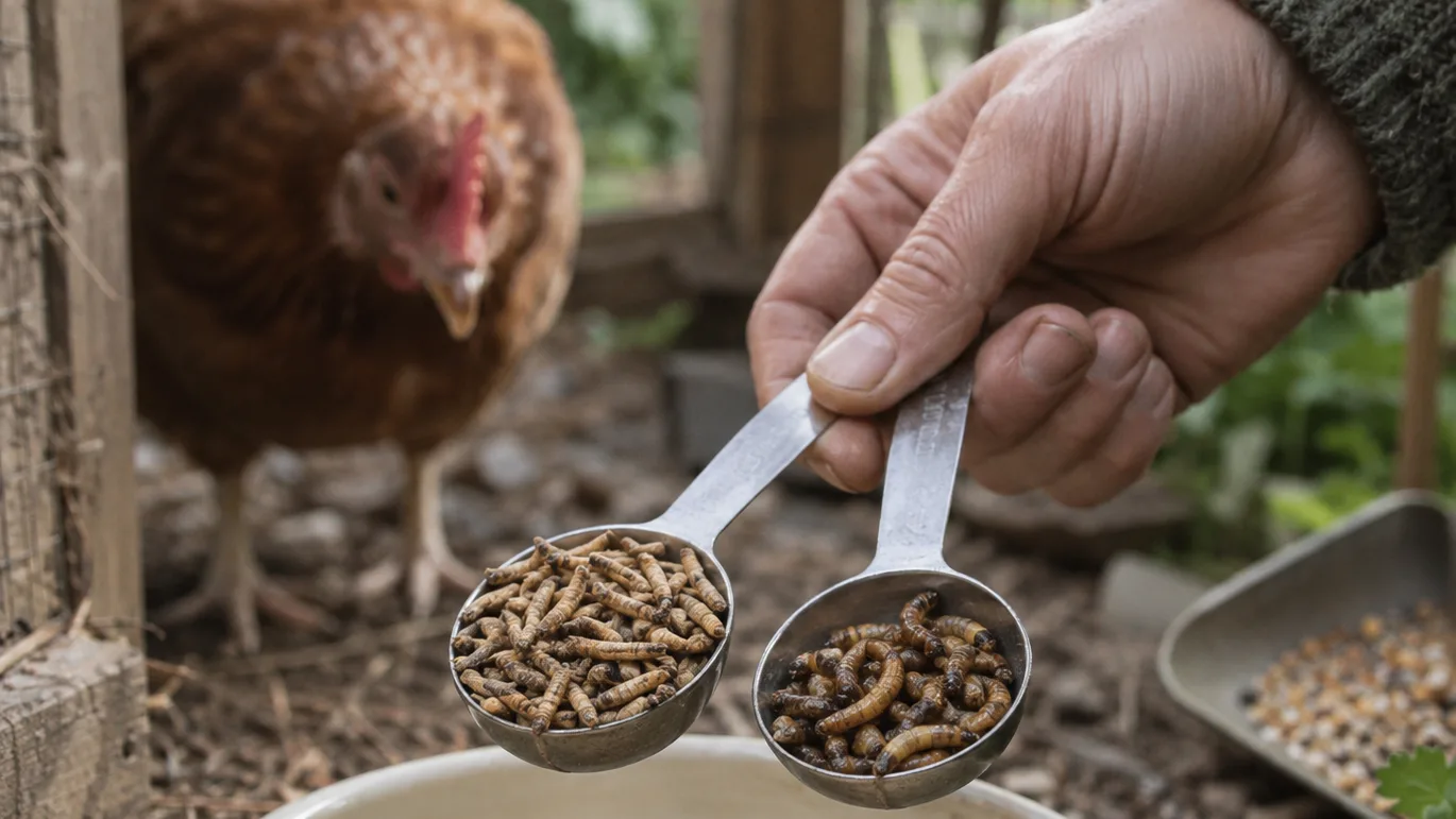 Dry and live larvae sit in separate spoons, showing why equal-looking portions are not equivalent.