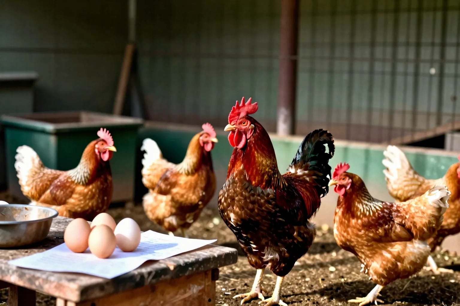 One rooster and six hens share a spacious run with room for the hens to move away.