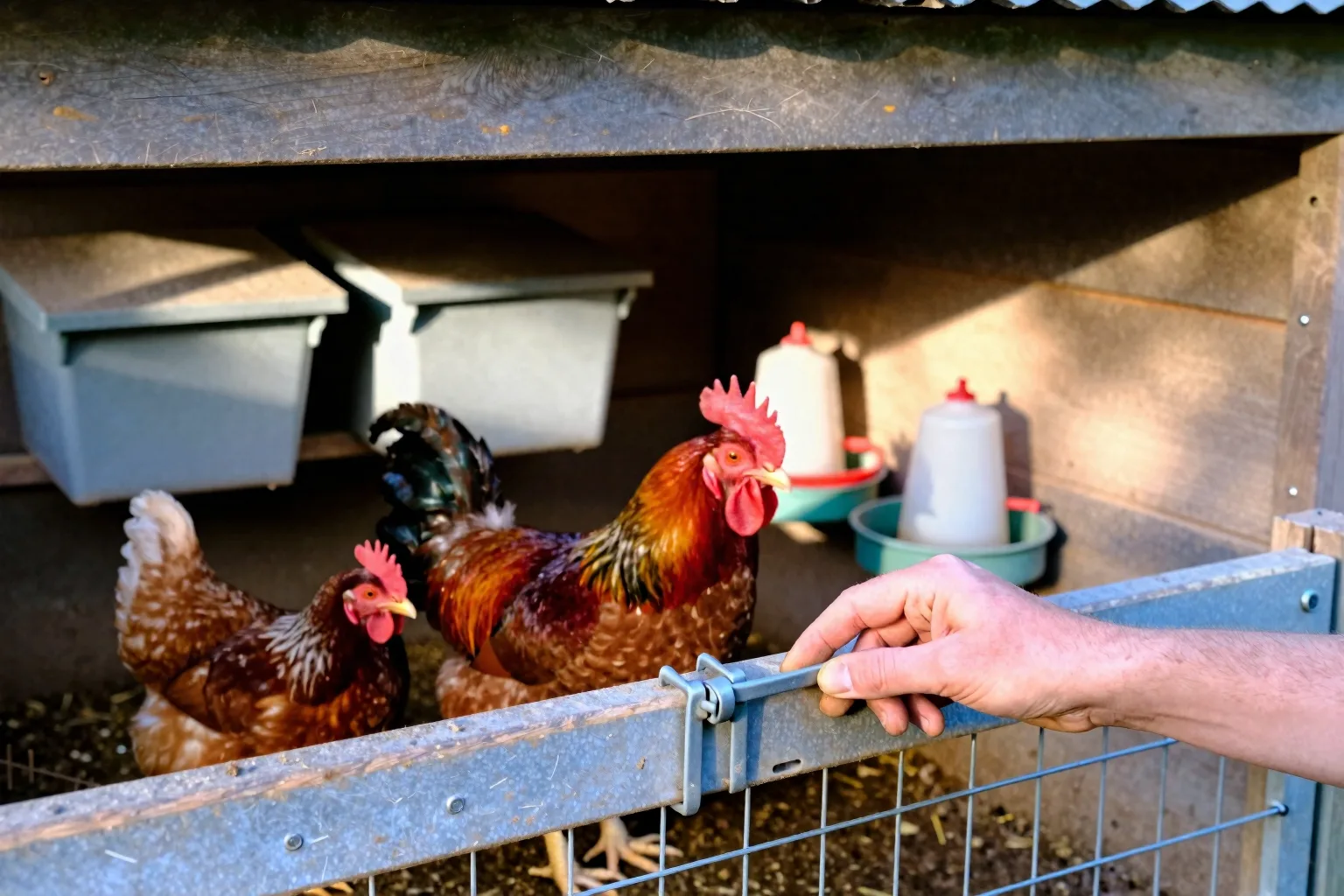 A small chicken pen has shade, nesting boxes, and separate feeders for a rooster and hens.