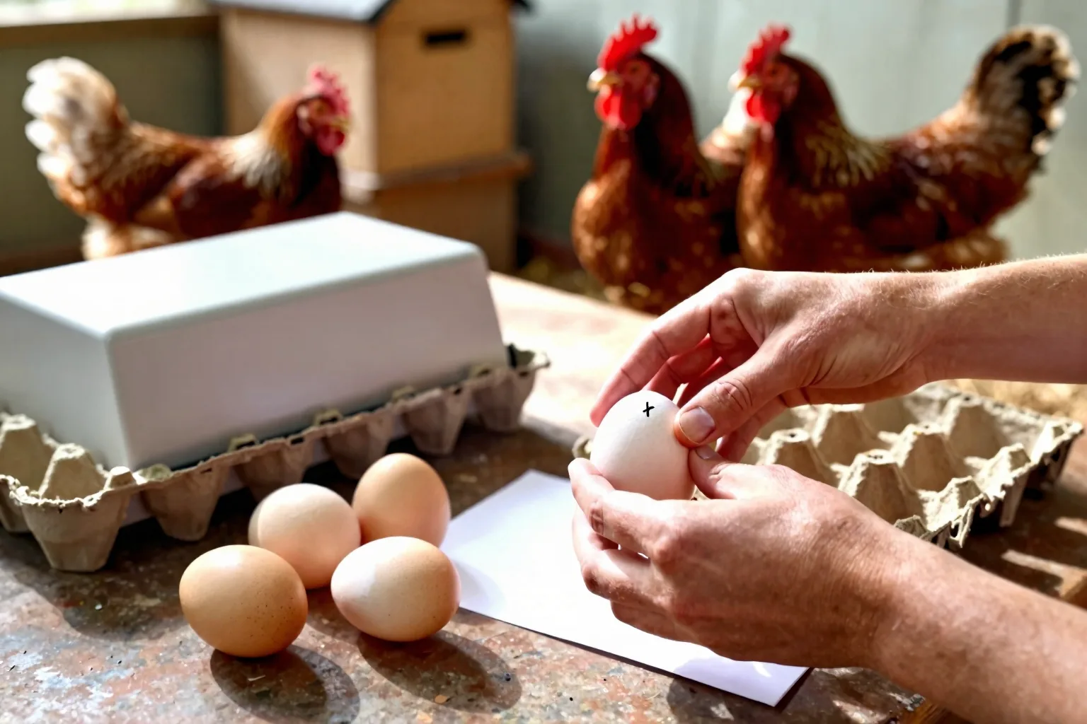 A hand places a clean egg in a tray beside an incubator in a backyard chicken run.