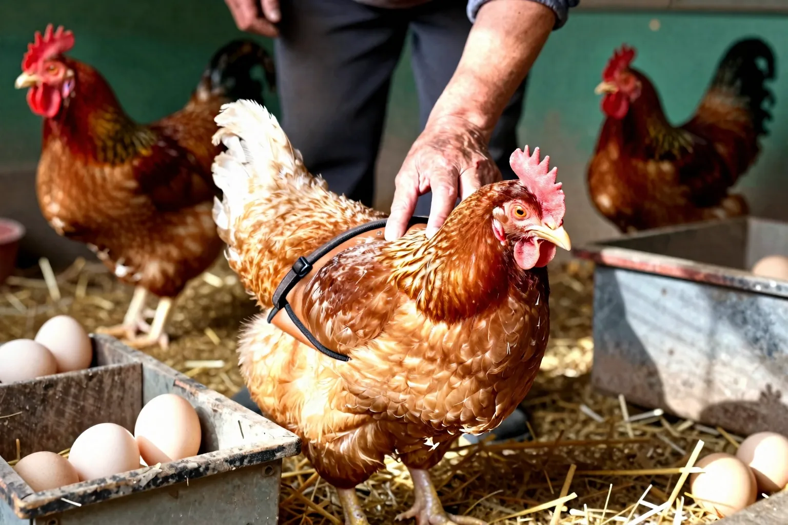 A caretaker checks a hen’s back and protective saddle during a routine health inspection.