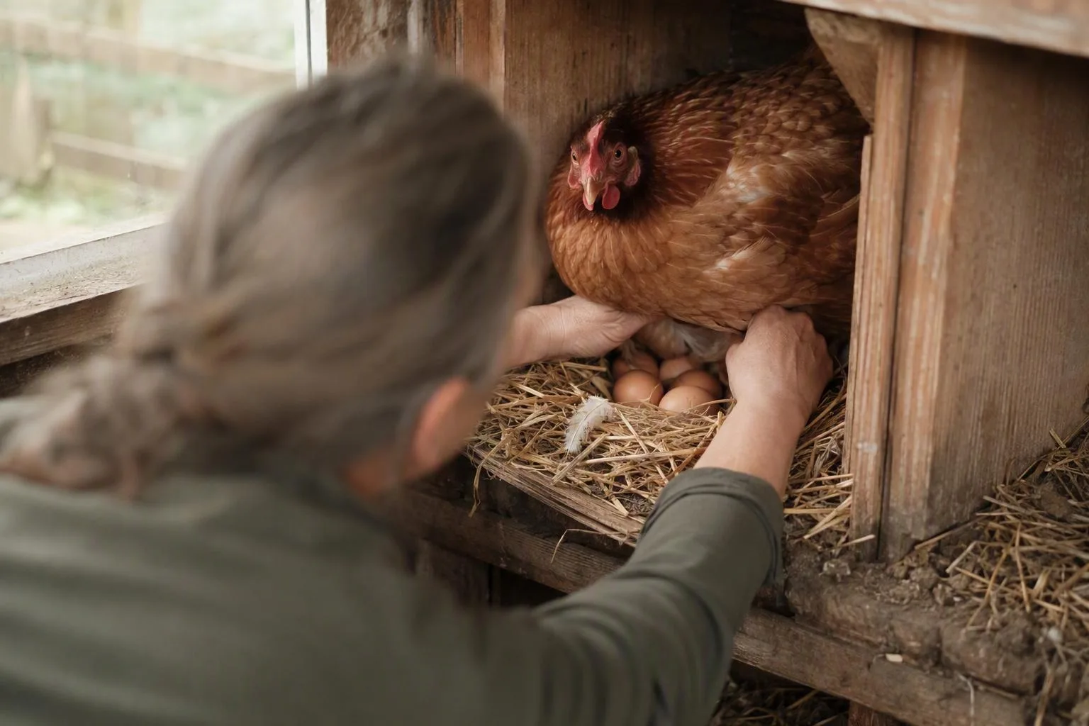 A puffed broody hen sits low in a straw-lined nest.