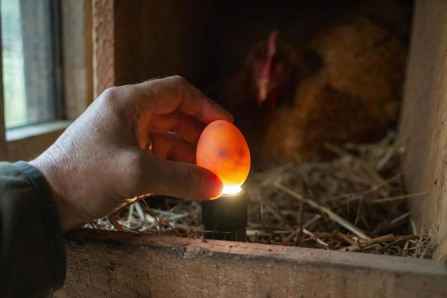 A hand shines a light through an egg while the hen waits in her nesting box.