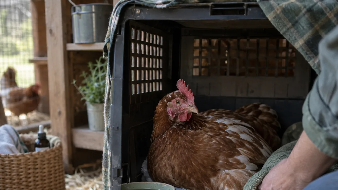 A bandaged hen rests in a clean, dry recovery crate that protects her foot during healing.