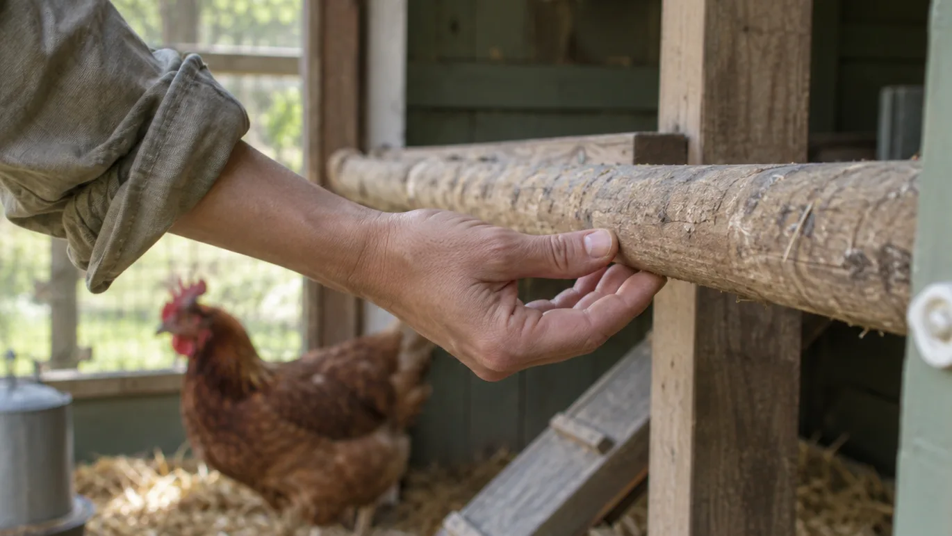 A hand checks a rounded perch above clean bedding to reduce pressure on a chicken’s feet.