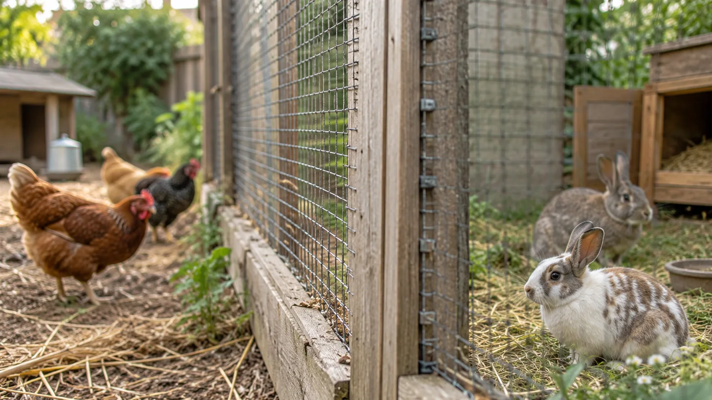 A cedar-framed mesh divider keeps hens and rabbits in separate backyard enclosures.