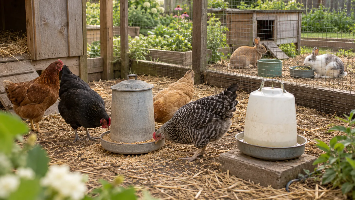 Hens have their own feeder and waterer, while rabbits use separate stations beyond the dividing fence.