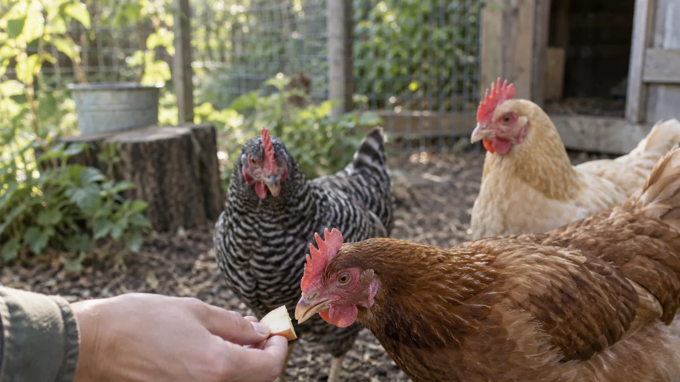 A hand offers a few apple pieces to hens gathered in a backyard run.