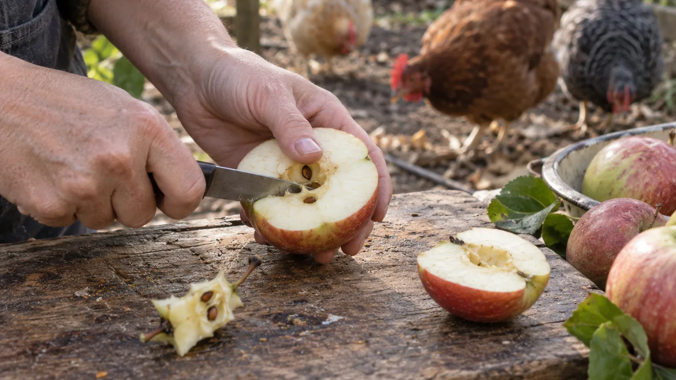 A hand removes an apple core on a worn board beside the chicken run before the fruit is cut for the hens.