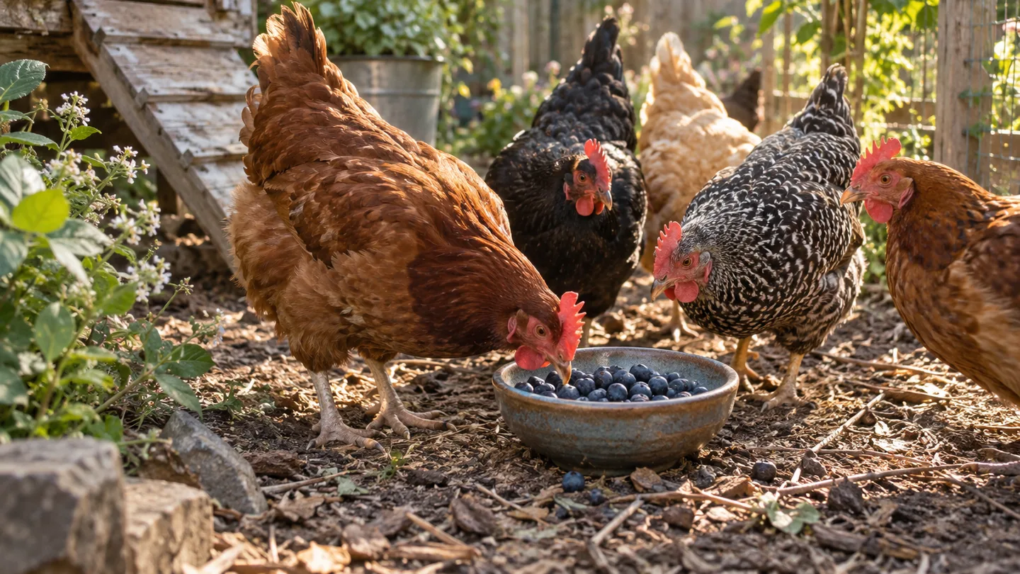 Backyard hens gather around a small bowl of ripe blueberries in their chicken run.