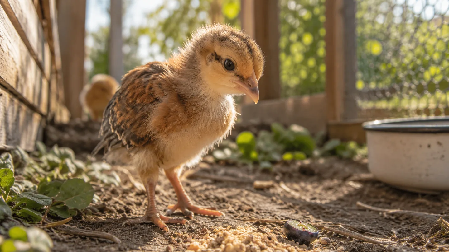 A young chick stands beside its regular feed and a small piece of blueberry in the run.