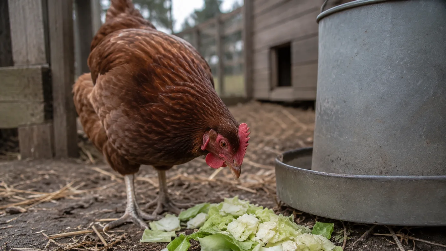 A small pile of chopped cabbage sits beside a chicken feeder as a hen investigates it.