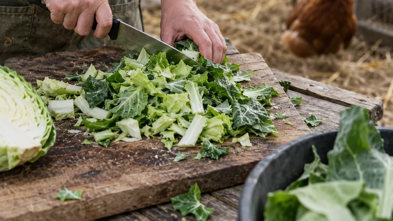 Chopped cabbage leaves and firm ribs sit apart on a worn board beside the chicken run.