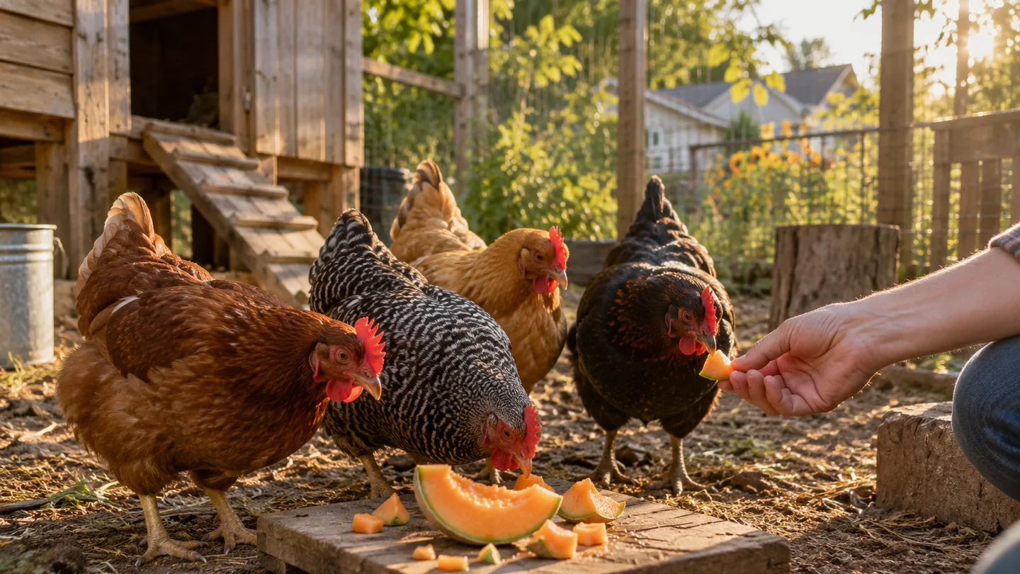 A hand offers cantaloupe to backyard hens gathered around a cut melon.