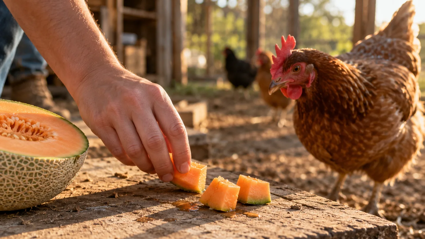 A hand sets small cantaloupe pieces on a worn board as a hen waits nearby.