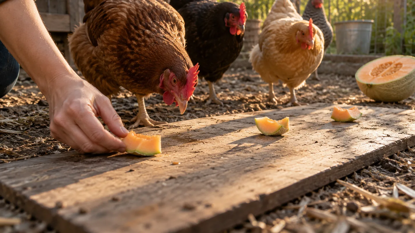 Several hens approach cantaloupe pieces spaced across a worn board in their run.