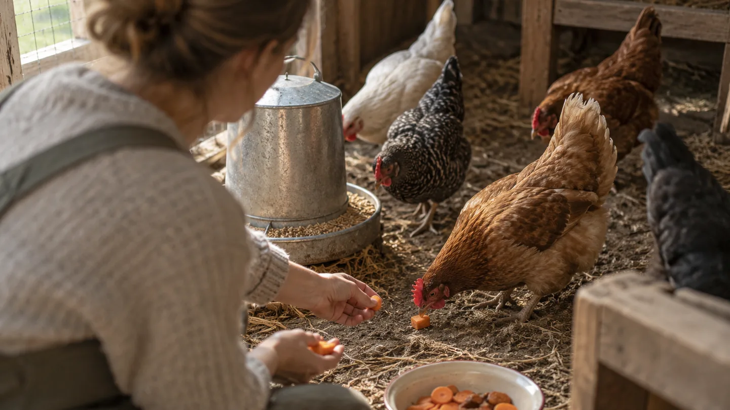 A hen pecks at a carrot piece beside her feeder as a keeper offers a few more.