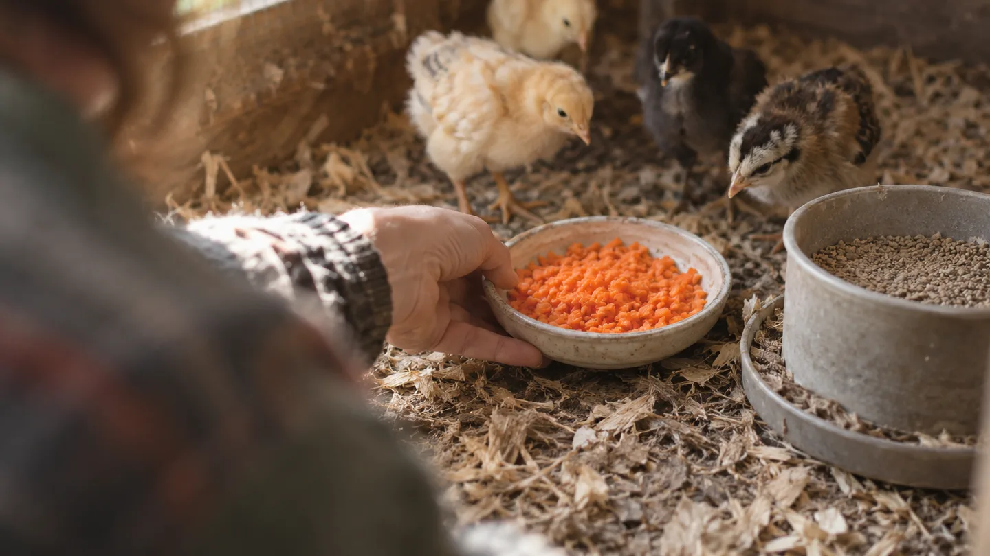 Young chicks gather near starter feed and a separate dish of finely chopped carrot.