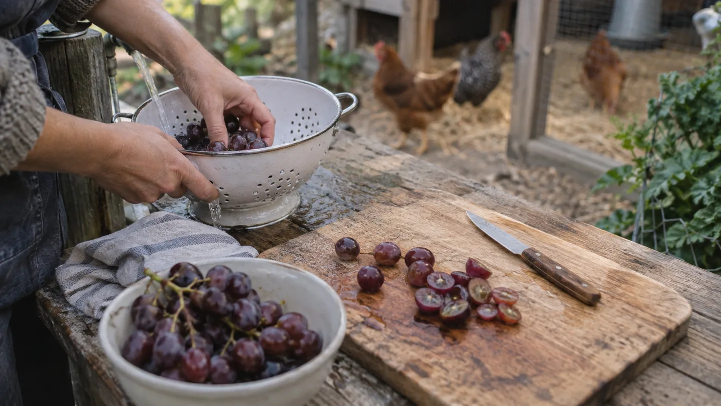 A keeper rinses grapes while preparing stemmed and halved pieces for the backyard chickens.