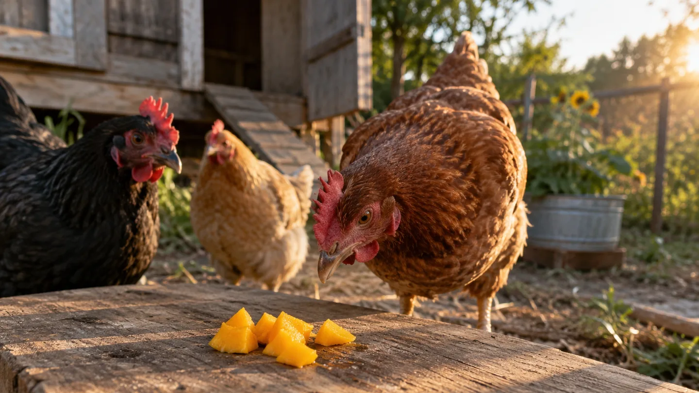 A hen investigates a small serving of chopped mango on a worn backyard feeding board.