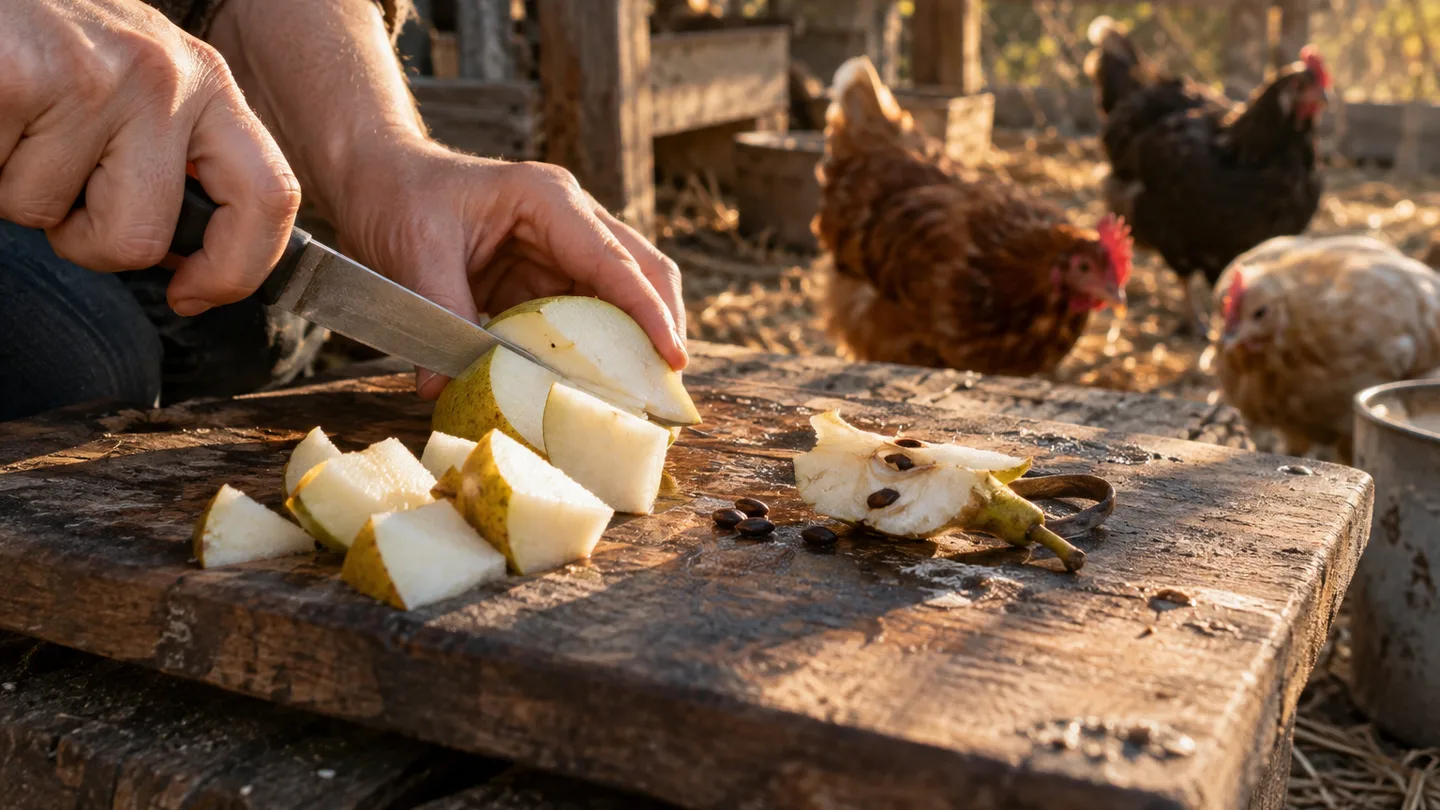 A hand cuts pear flesh beside the discarded core and seeds while hens watch nearby.