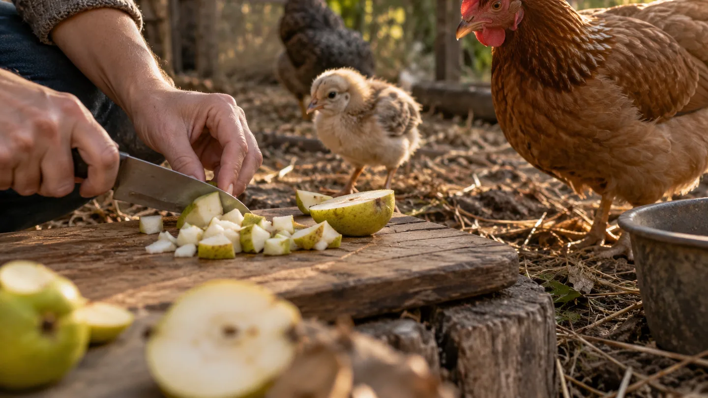 Small pear pieces rest on a worn board as an adult hen and chick watch nearby.