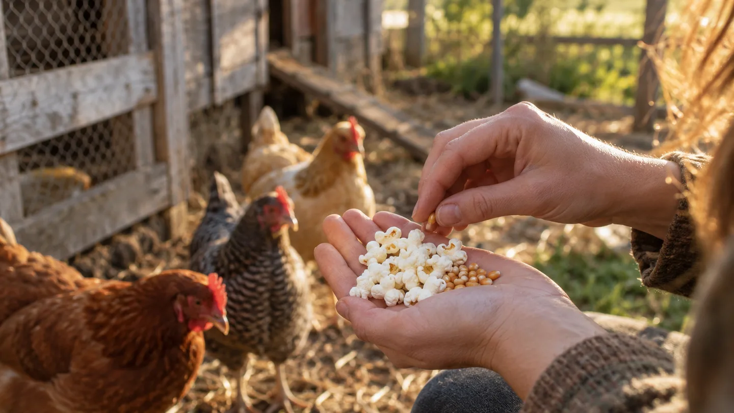 A keeper removes hard kernels from plain popcorn before offering the fluffy pieces to nearby hens.