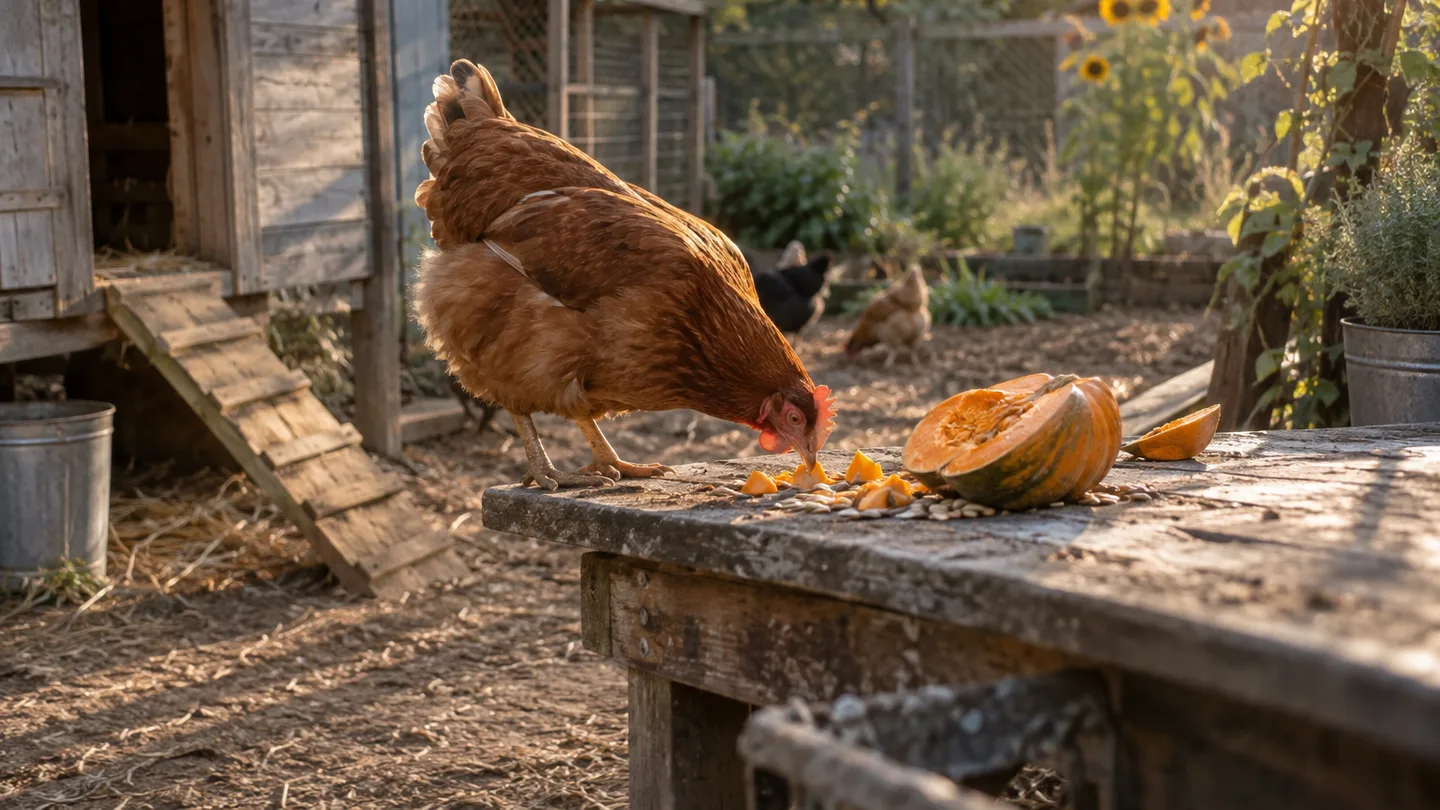A hen pecks at a small serving of chopped pumpkin beside a backyard coop.
