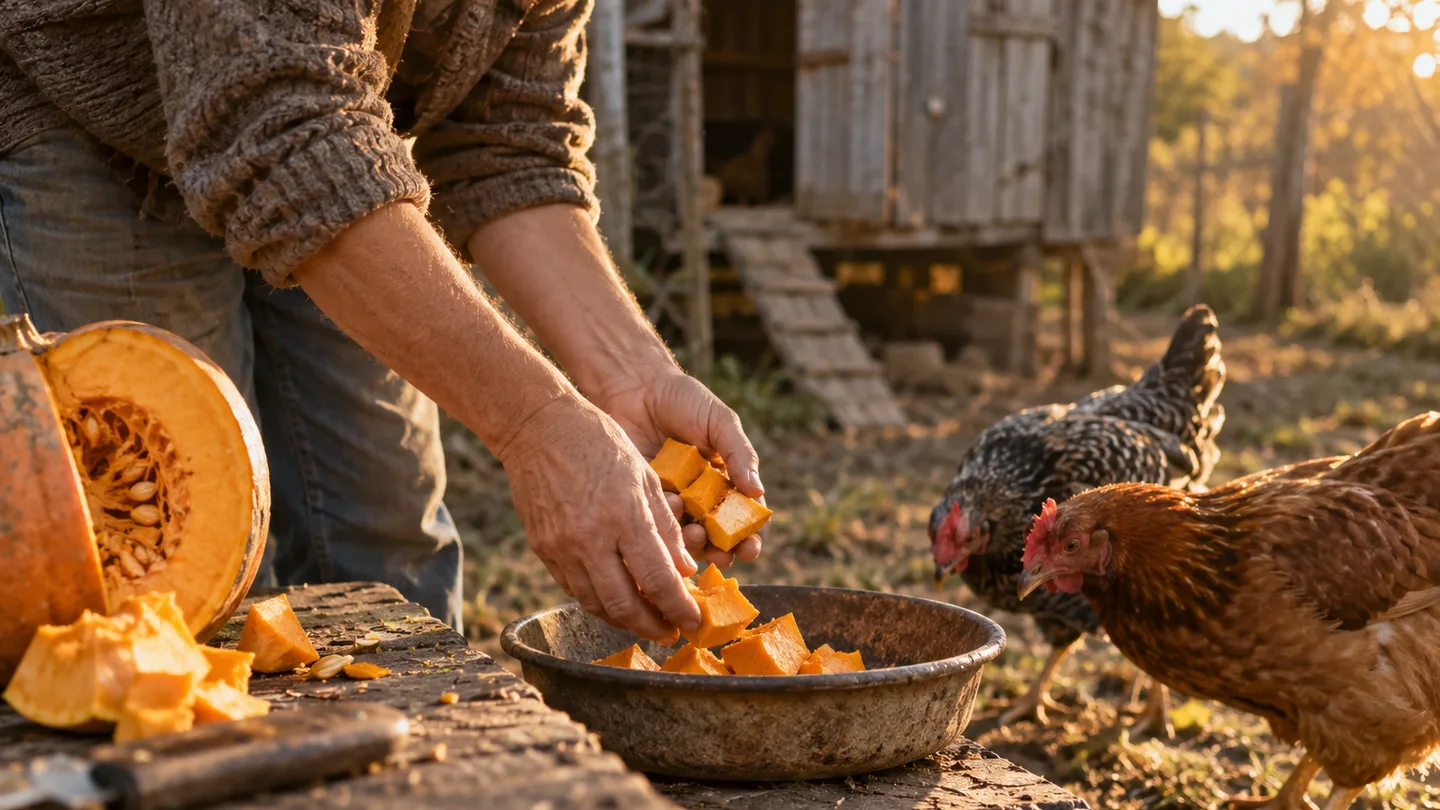 A keeper sets a small serving of pumpkin beside two hens in the backyard.