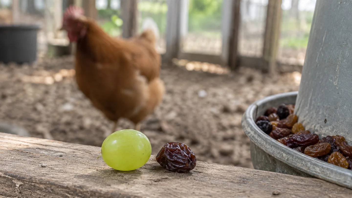 A fresh grape sits beside a raisin near a chicken feeder, showing the fruit in its fresh and dried forms.