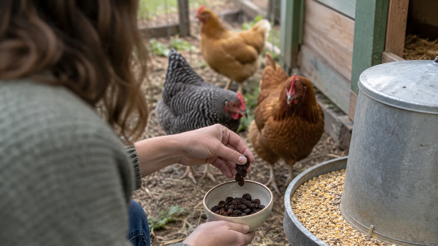 A keeper measures raisins into a small dish while hens wait nearby.