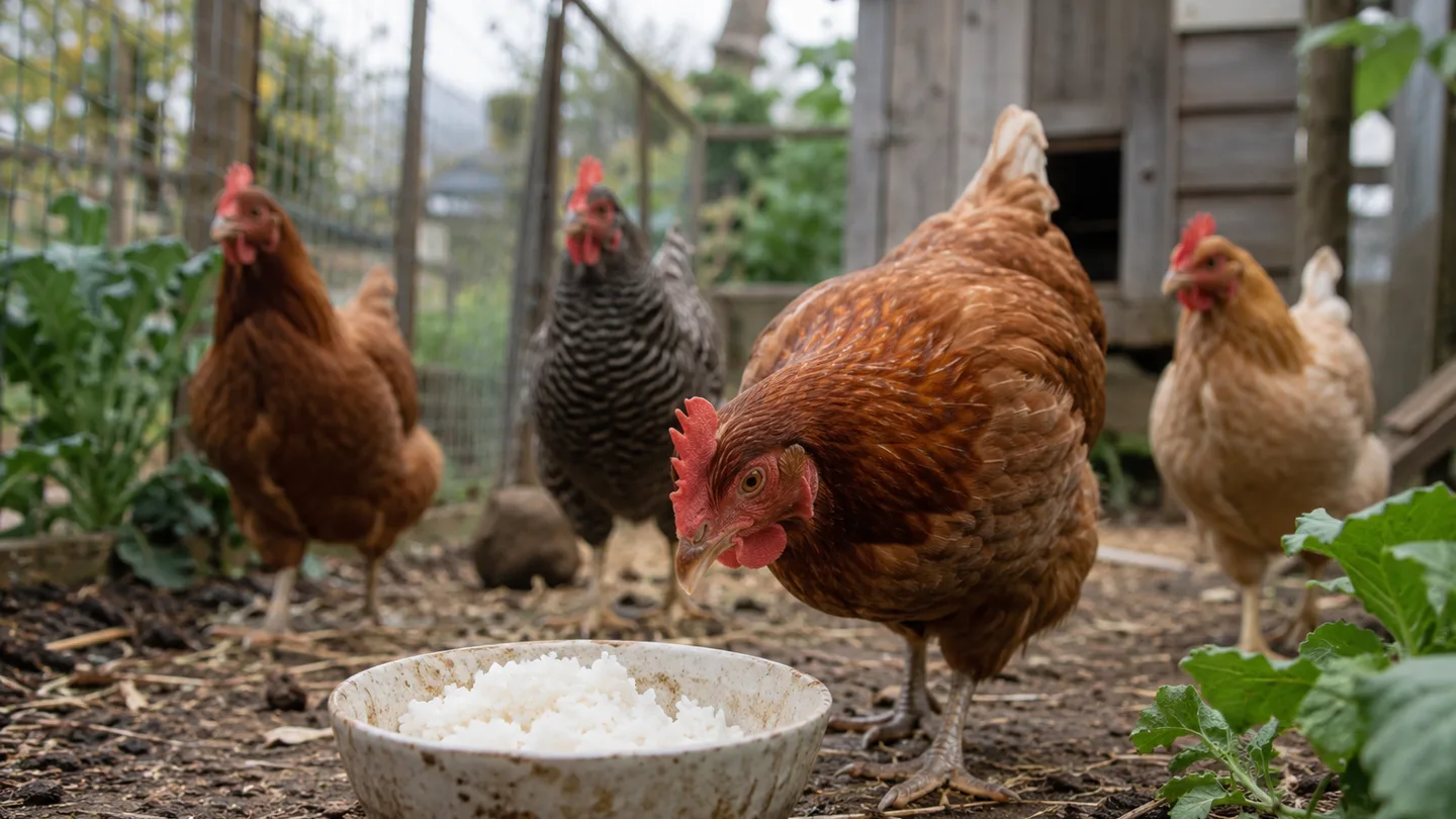 Curious hens gather around a small bowl of plain rice in a backyard run.