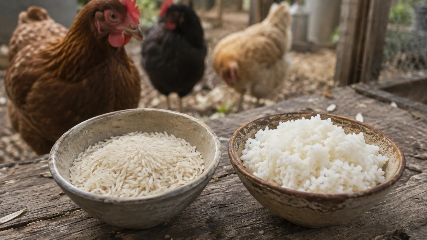 Separate bowls show dry grains beside soft cooked rice as hens investigate nearby.