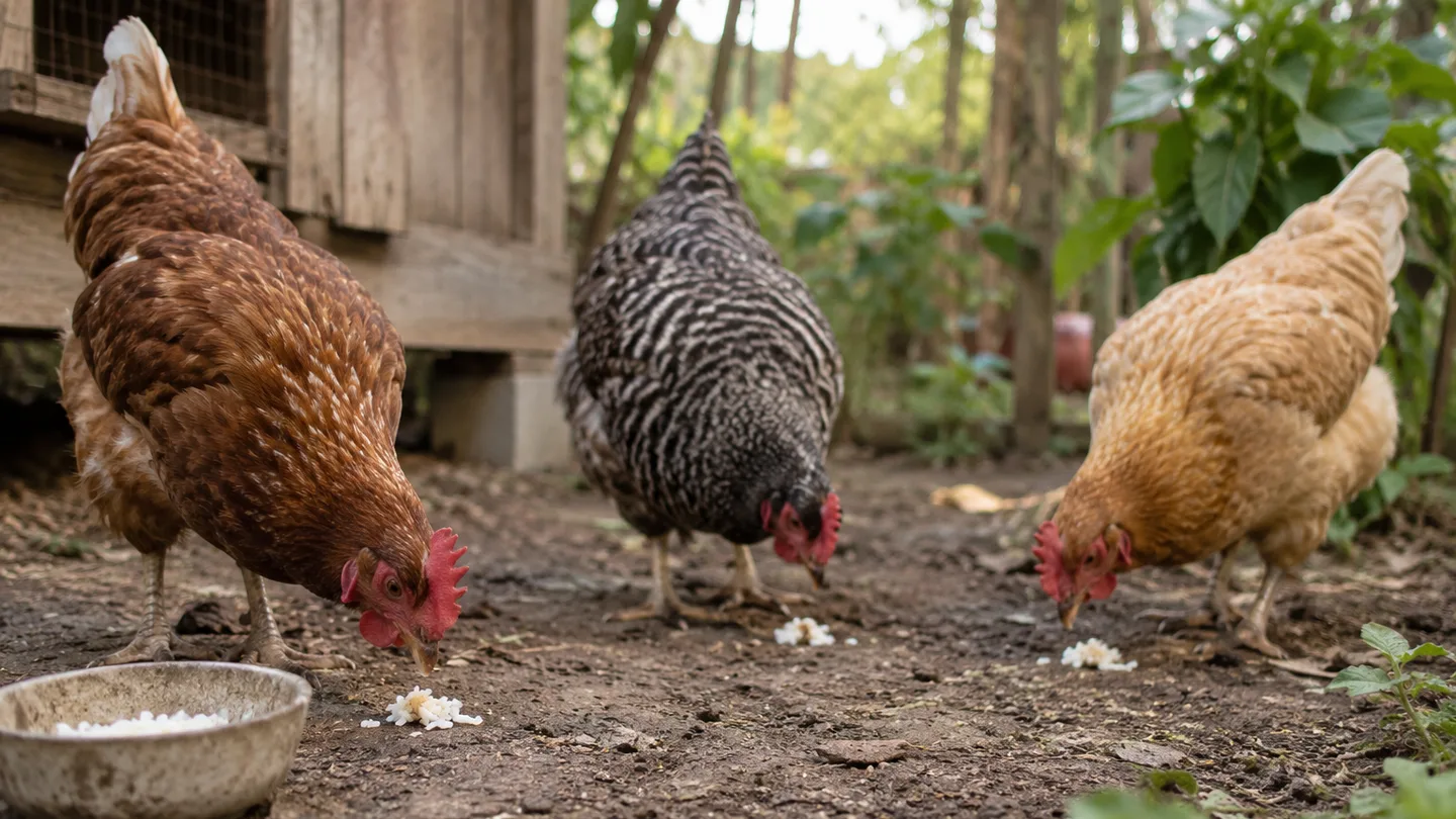 Three hens eat small, spaced portions of rice beside a worn bowl in a backyard run.