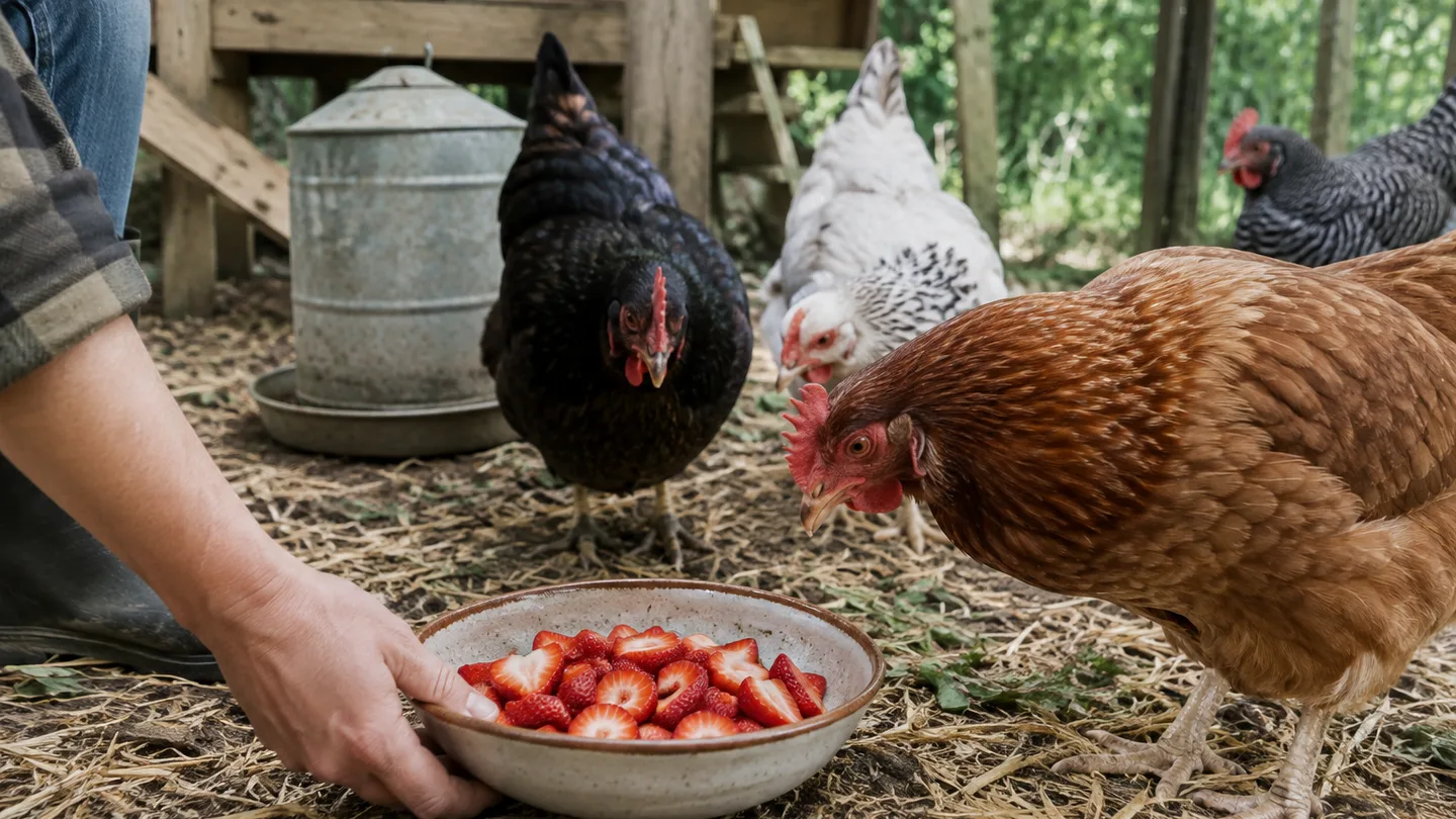 A hen inspects cut strawberries in a dish as other chickens gather nearby.