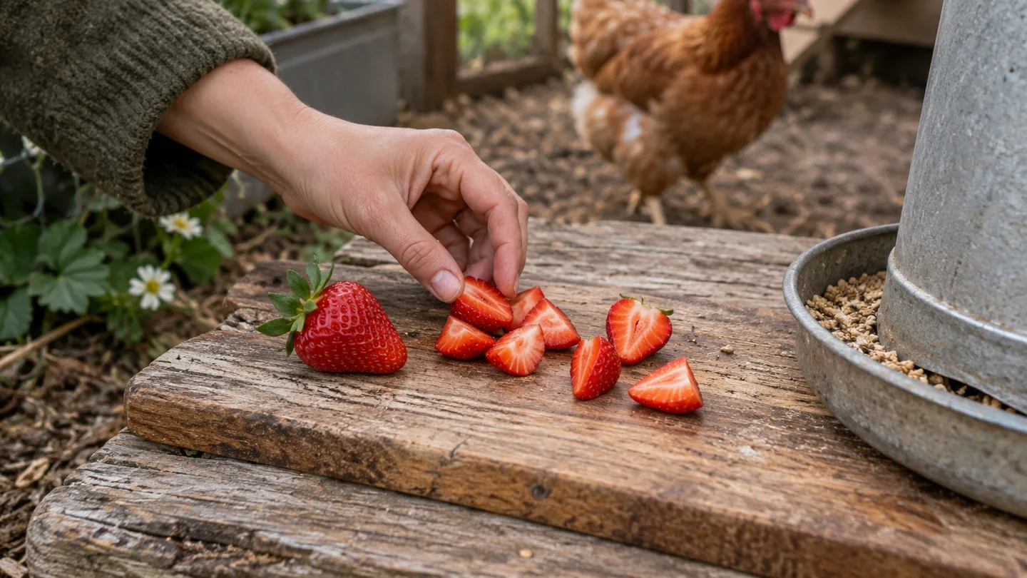 A rinsed whole strawberry and cut pieces sit beside a chicken feeder, ready to offer.