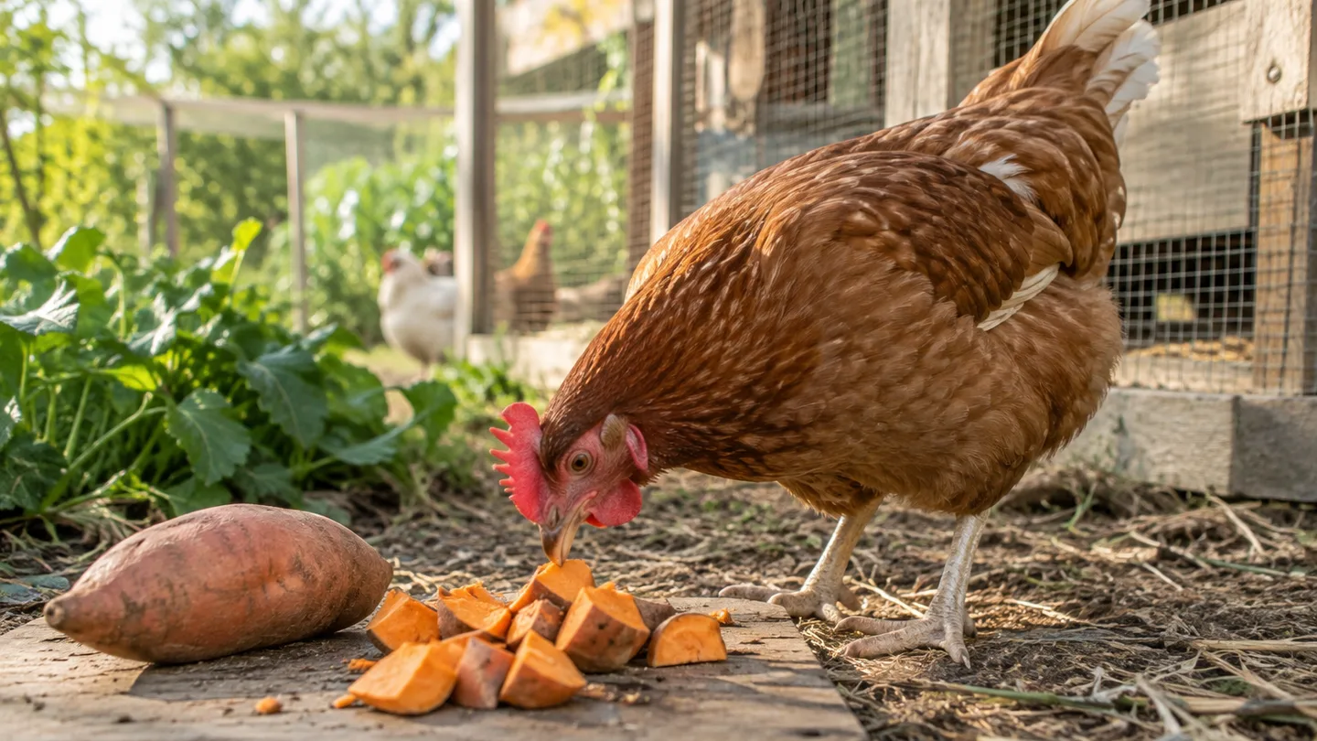 A backyard hen investigates plain sweet-potato pieces beside a raw potato near the coop run.