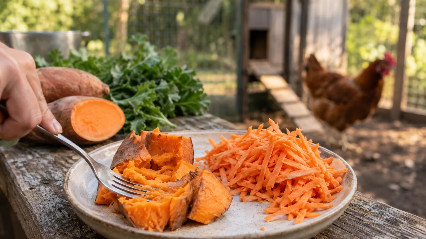 Grated raw sweet potato sits beside soft cooked pieces, showing the texture difference for chicken feeding.