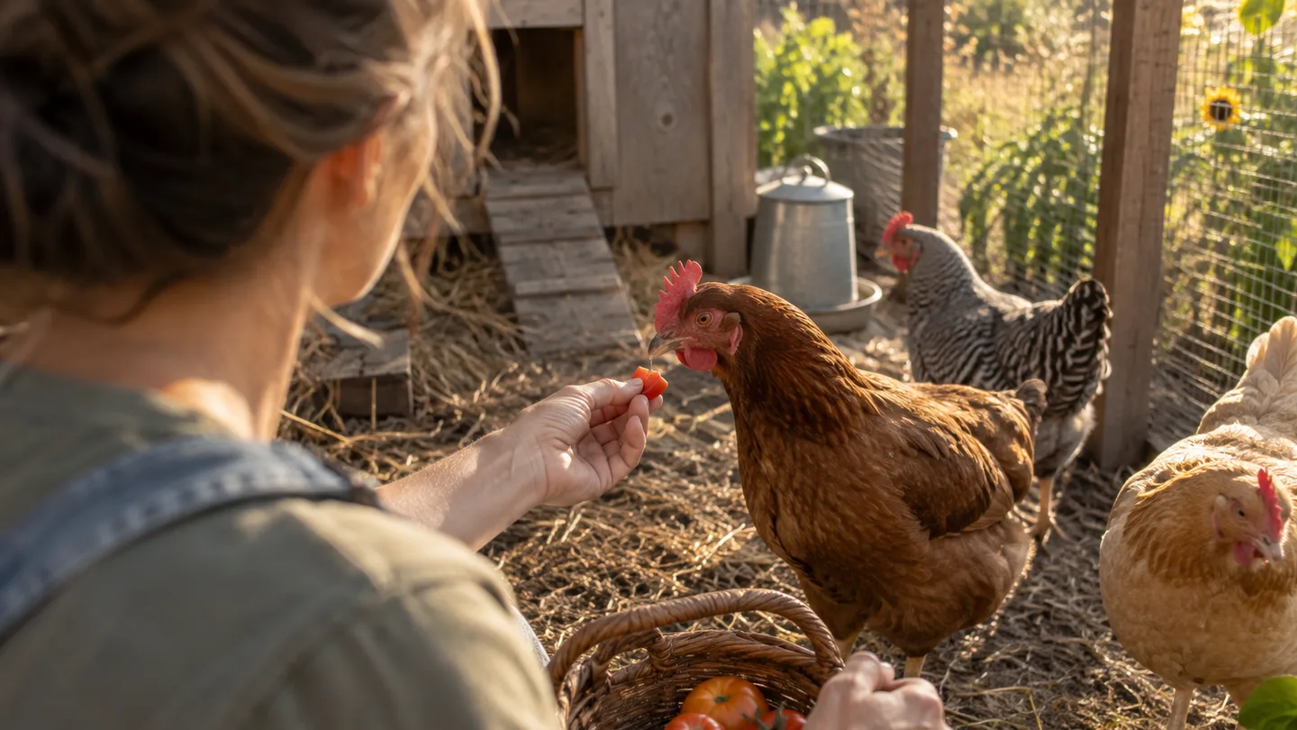 A keeper offers a small piece of ripe tomato to a hen in a backyard chicken run.